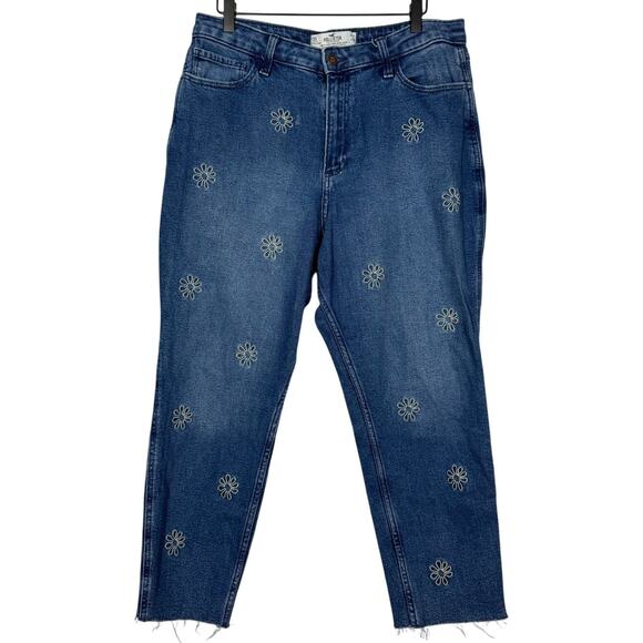 Hollister Denim - Hollister Mom Jeans Sz 31 Short Blue Embroidered Floral Curvy High Rise Raw Hem